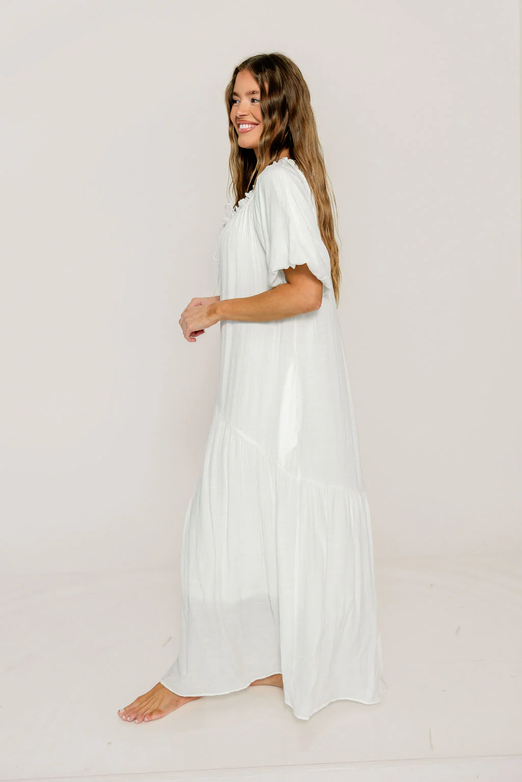 Christina Puffed Sleeve Maxi Dress in Off White - Bump Friendly - Image 5