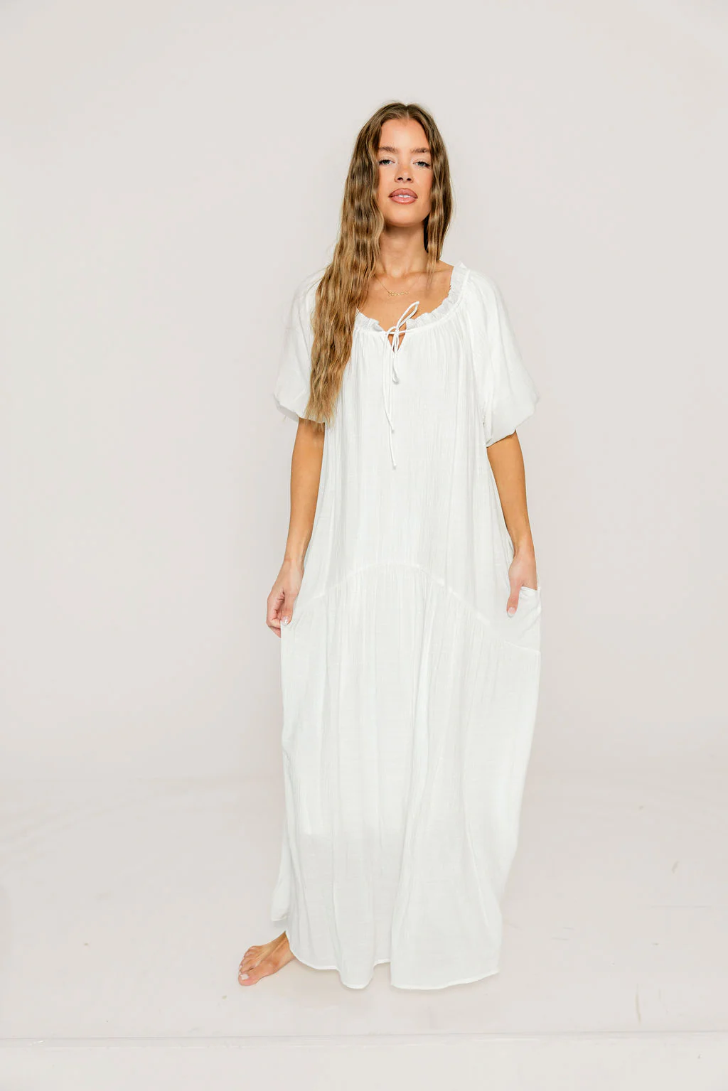 Christina Puffed Sleeve Maxi Dress in Off White - Bump Friendly - Image 6