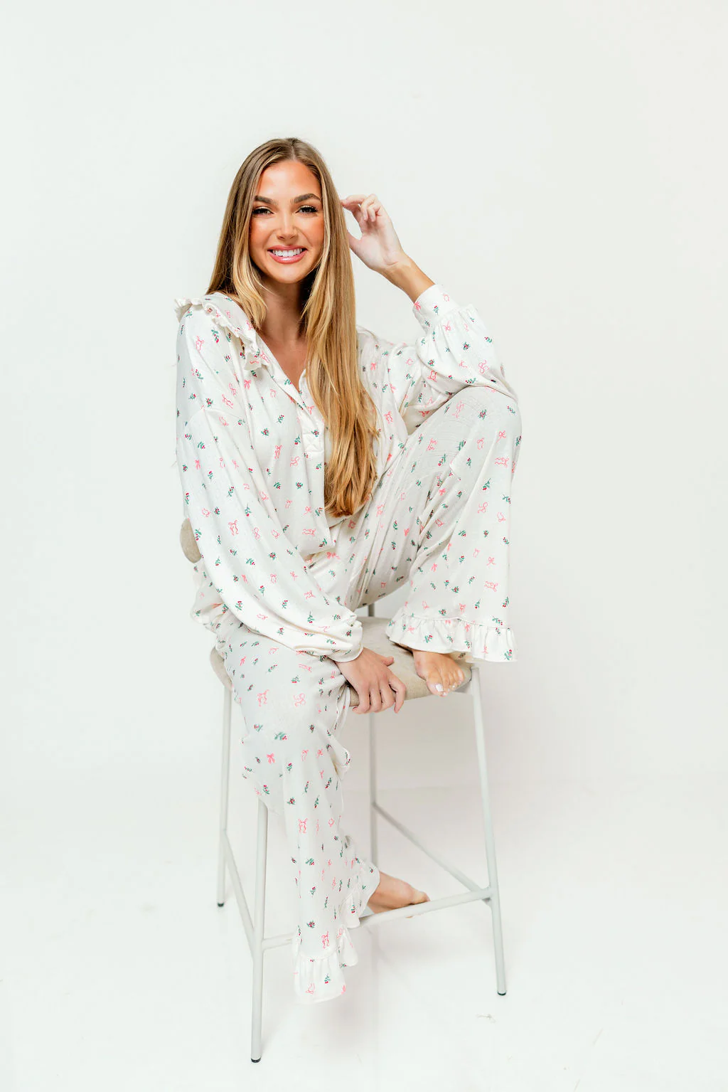 Carol Pointelle Rib Ruffle Detail Pajama Set in Cream