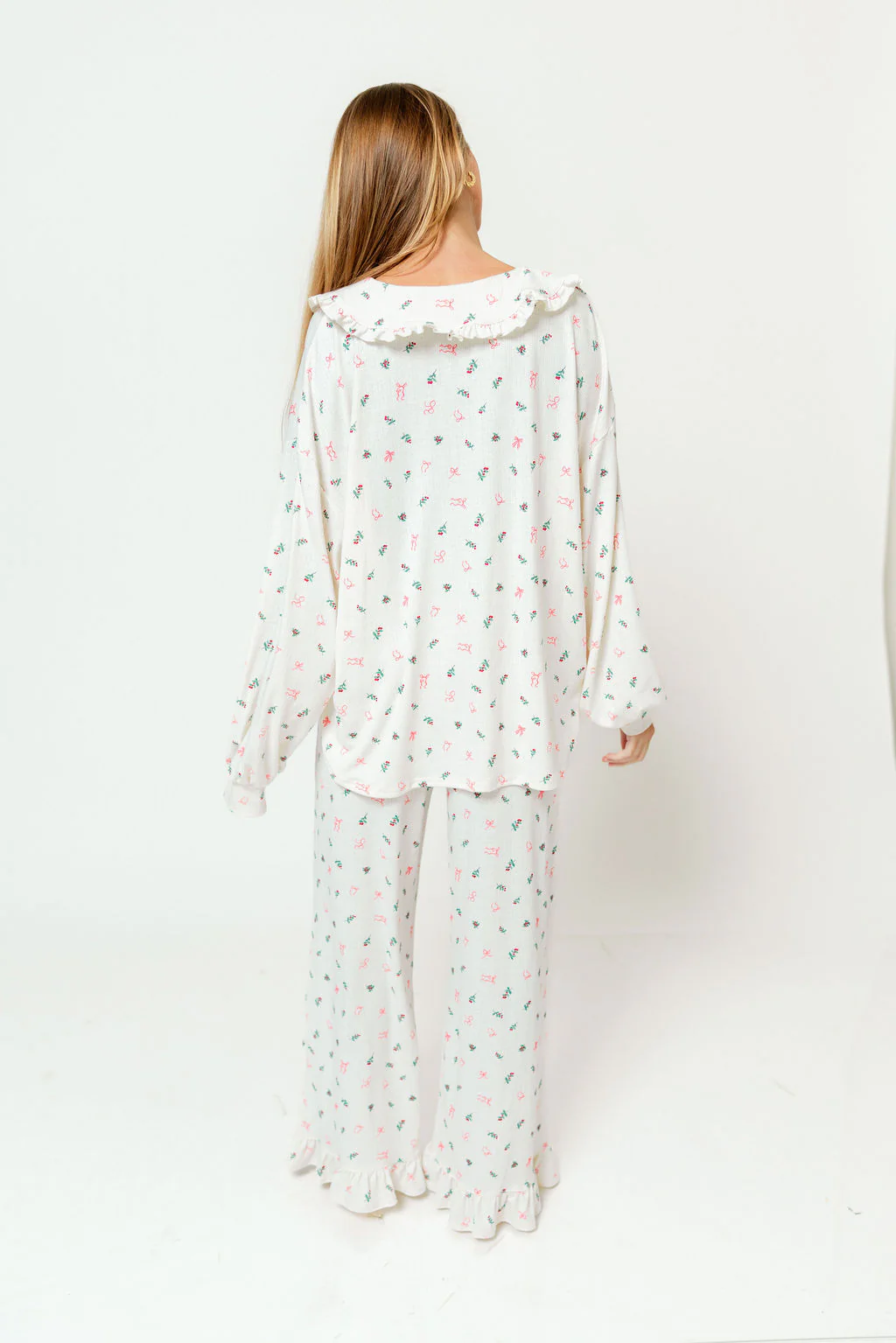 Carol Pointelle Rib Ruffle Detail Pajama Set in Cream - Image 10