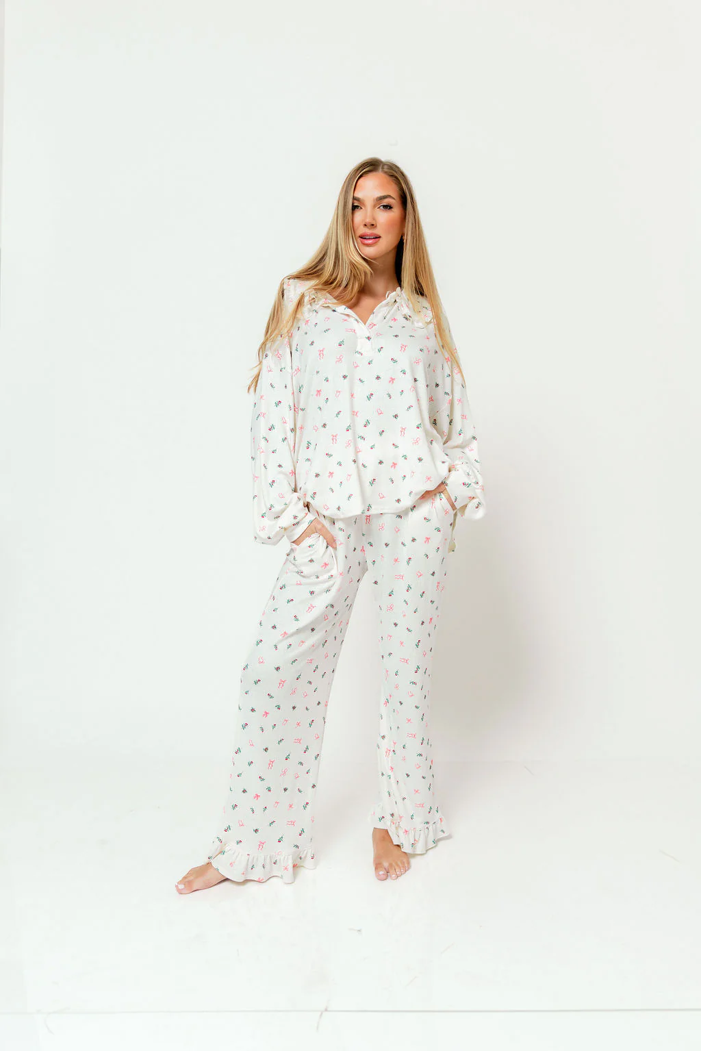 Carol Pointelle Rib Ruffle Detail Pajama Set in Cream - Image 3