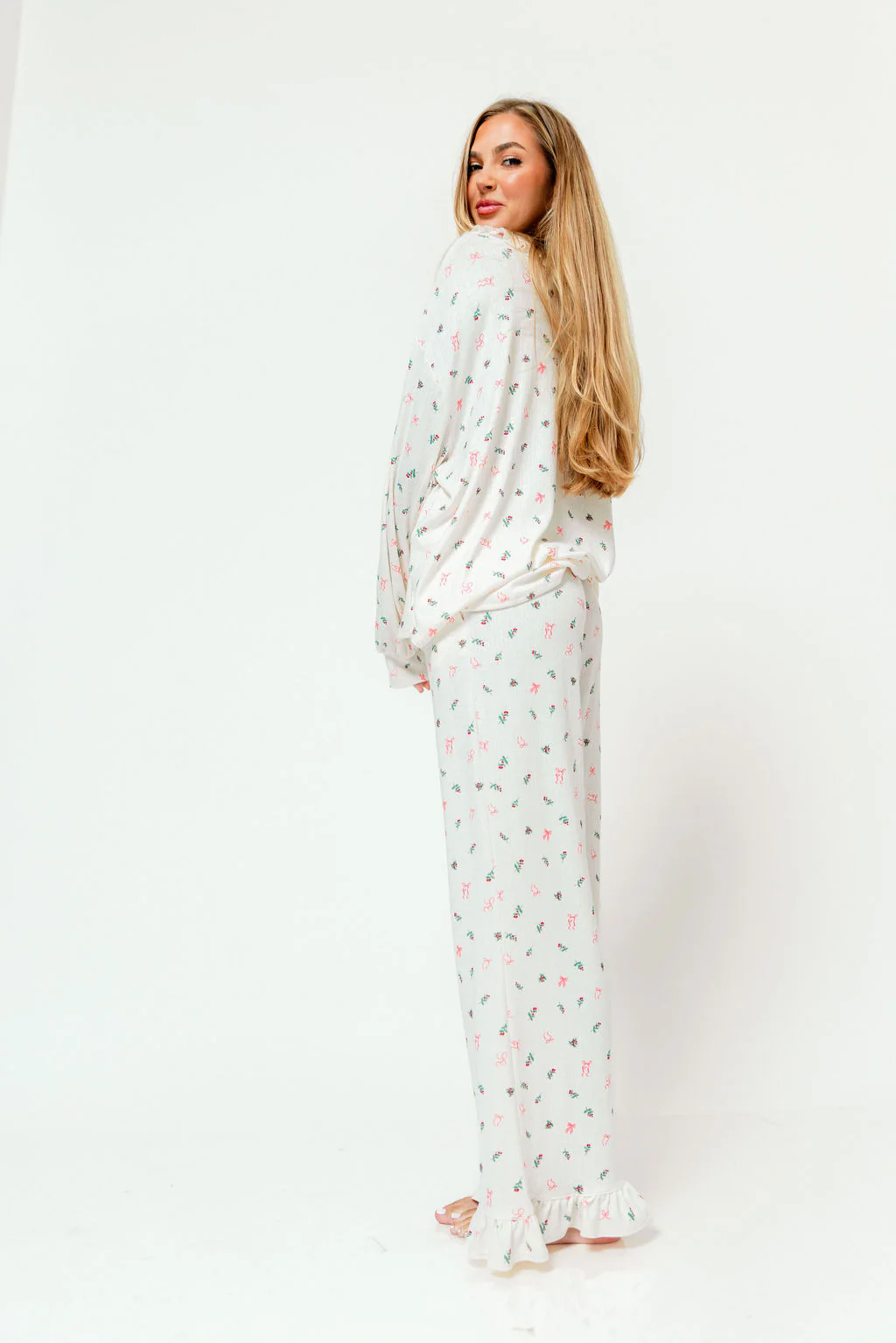 Carol Pointelle Rib Ruffle Detail Pajama Set in Cream - Image 5