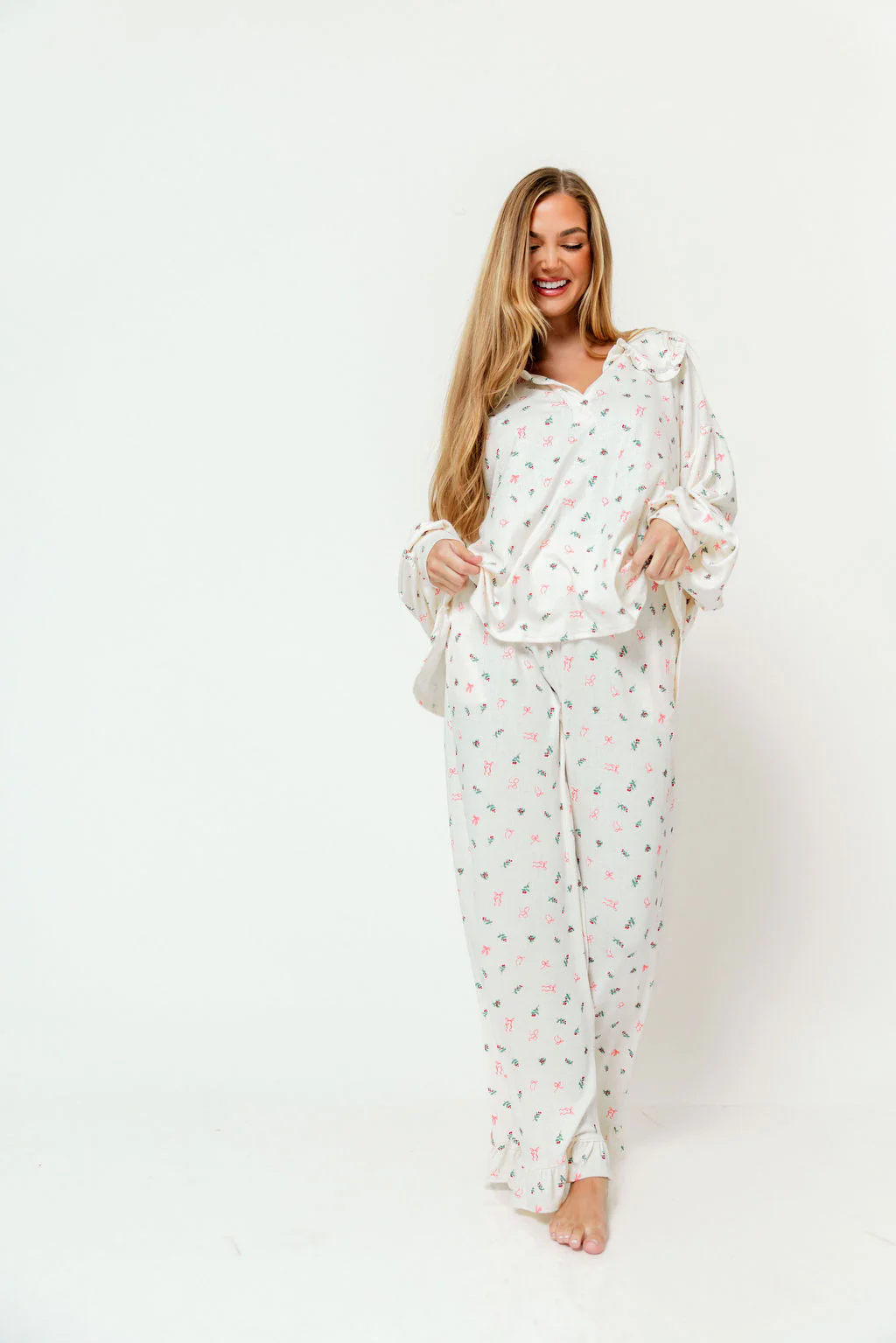 Carol Pointelle Rib Ruffle Detail Pajama Set in Cream - Image 6