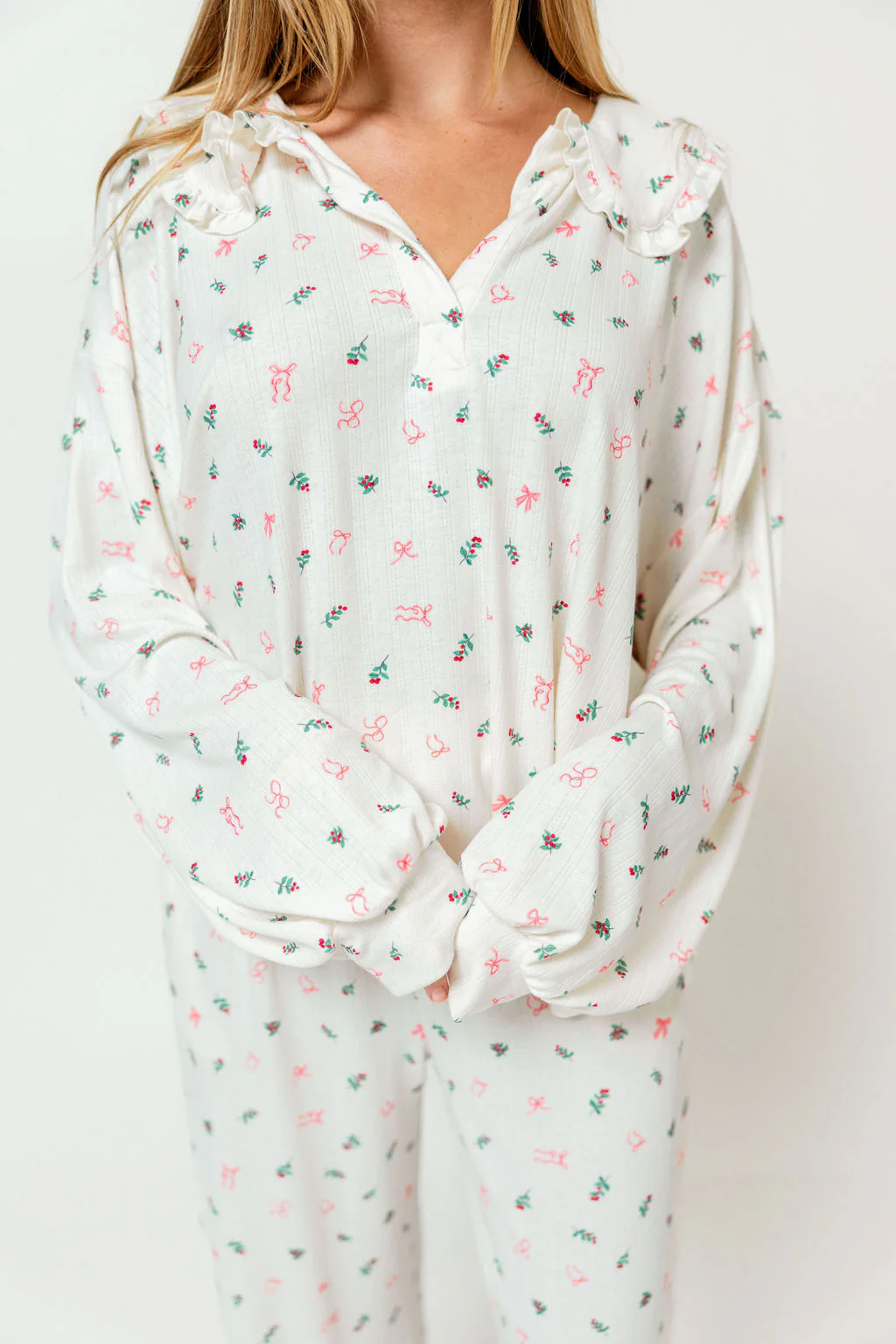 Carol Pointelle Rib Ruffle Detail Pajama Set in Cream - Image 7