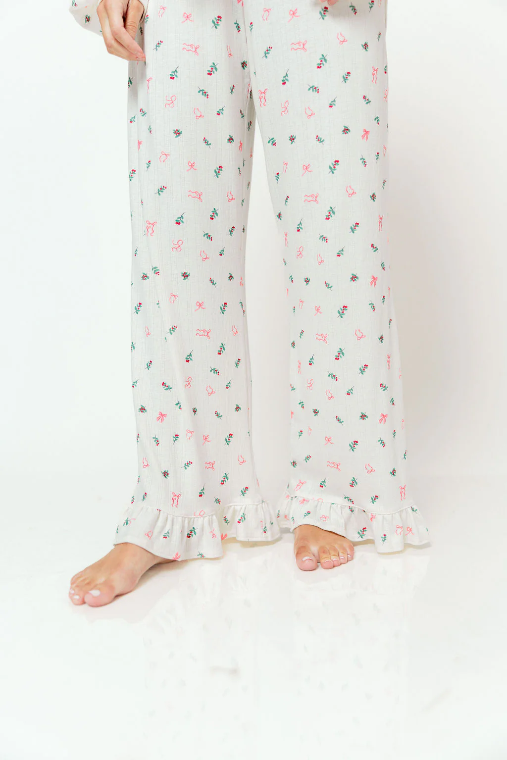 Carol Pointelle Rib Ruffle Detail Pajama Set in Cream - Image 9