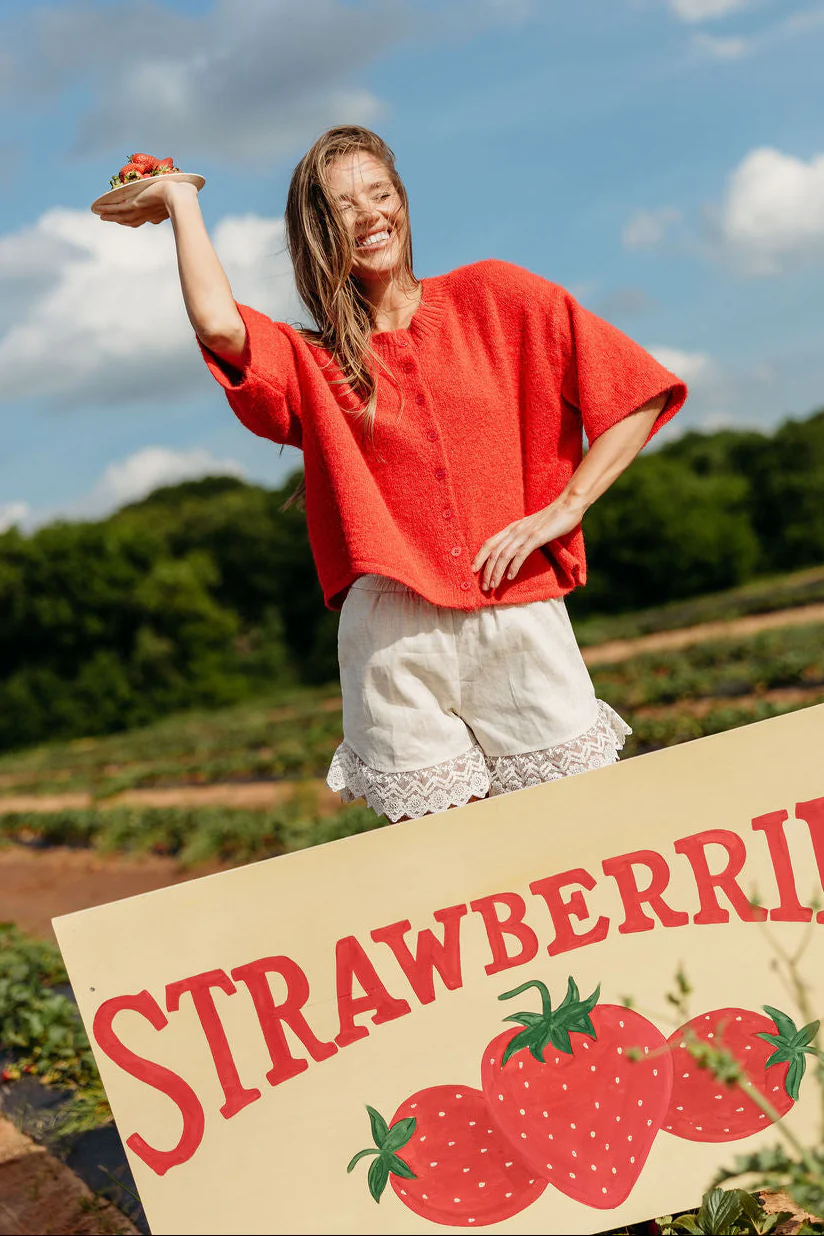 Chutney Button-Up Half Sleeve Knit Cardigan Top in Red - Image 4