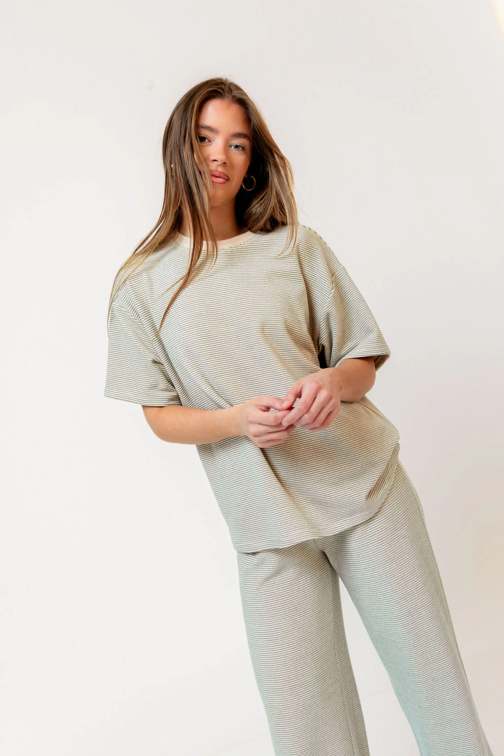 Naomi Striped Fleece Short Sleeve Top in Cream/Green - Bump Friendly