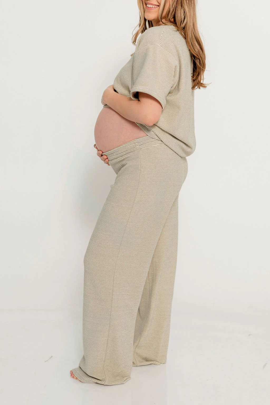 Naomi Striped Fleece Short Sleeve Top in Cream/Green - Bump Friendly - Image 12