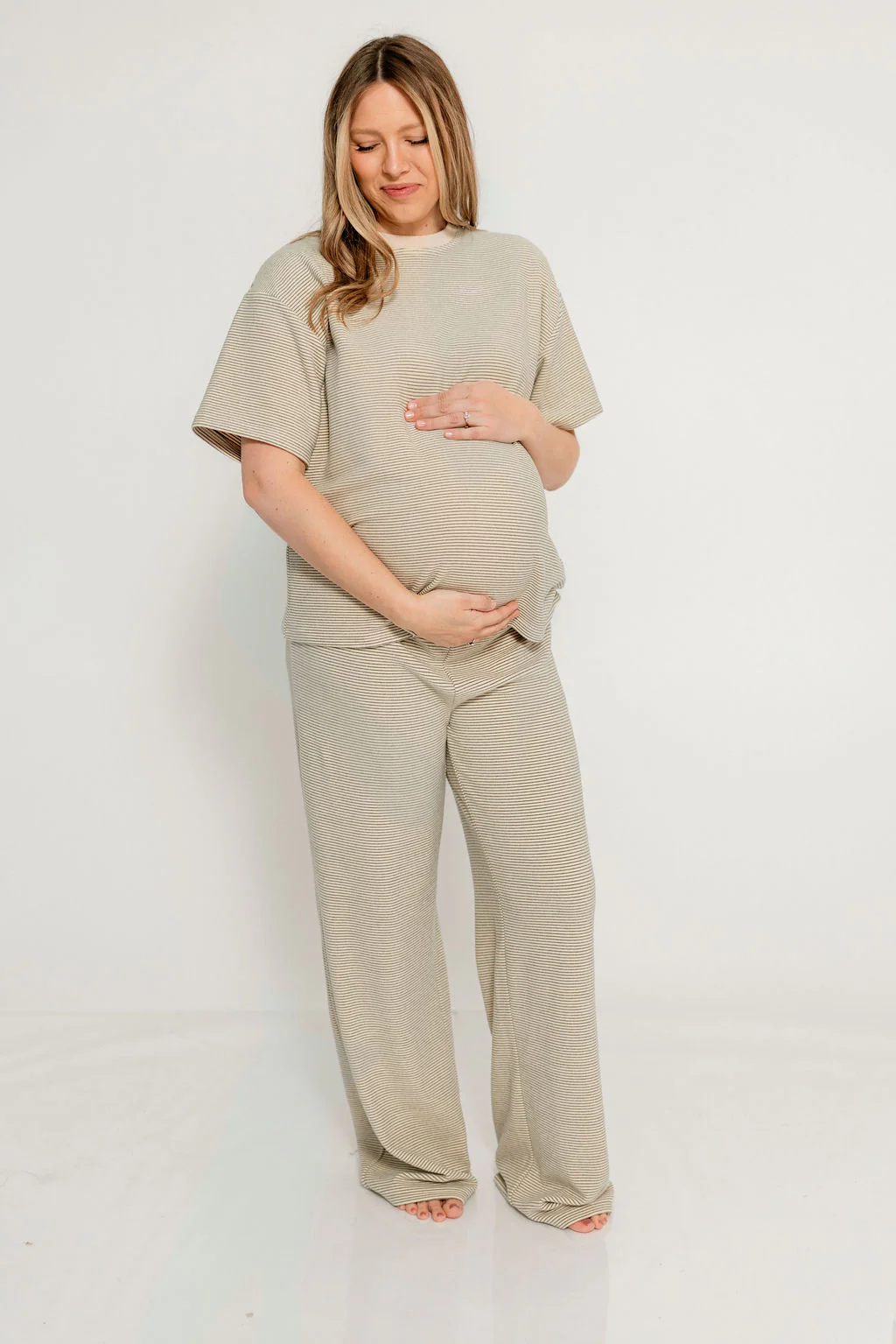Naomi Striped Fleece Short Sleeve Top in Cream/Green - Bump Friendly - Image 14