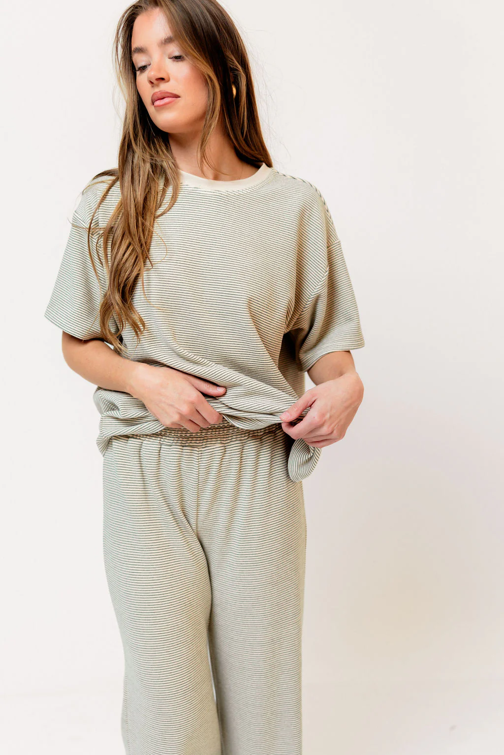 Naomi Striped Fleece Short Sleeve Top in Cream/Green - Bump Friendly - Image 4