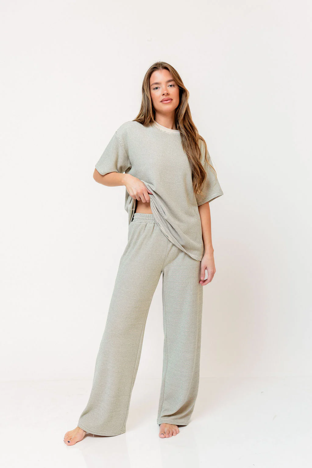 Naomi Striped Fleece Short Sleeve Top in Cream/Green - Bump Friendly - Image 6
