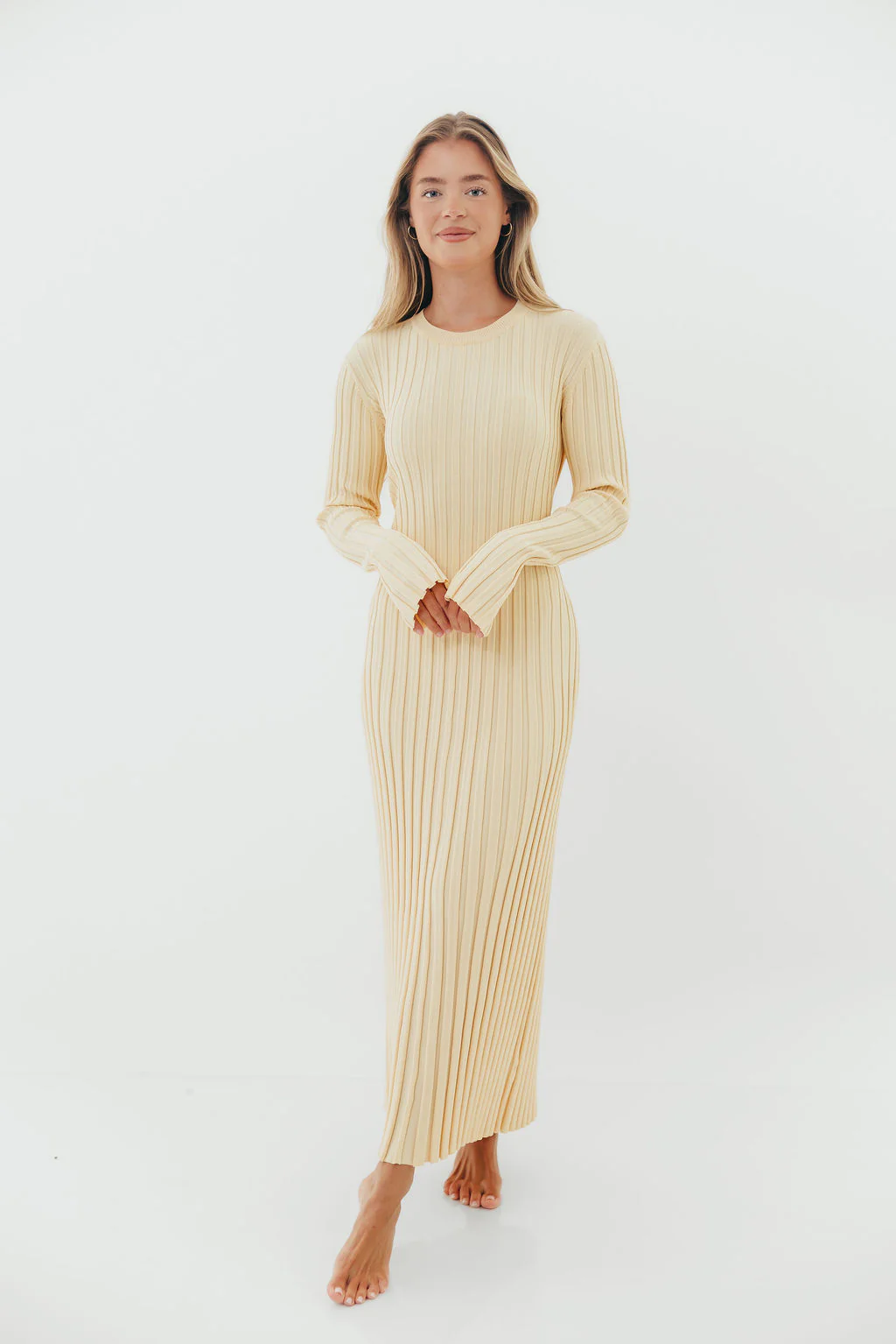 Colette Premium Long Sleeved Ribbed Knit Maxi Dress in Butter Yellow - Bump Friendly *Final-Sale* - Image 2
