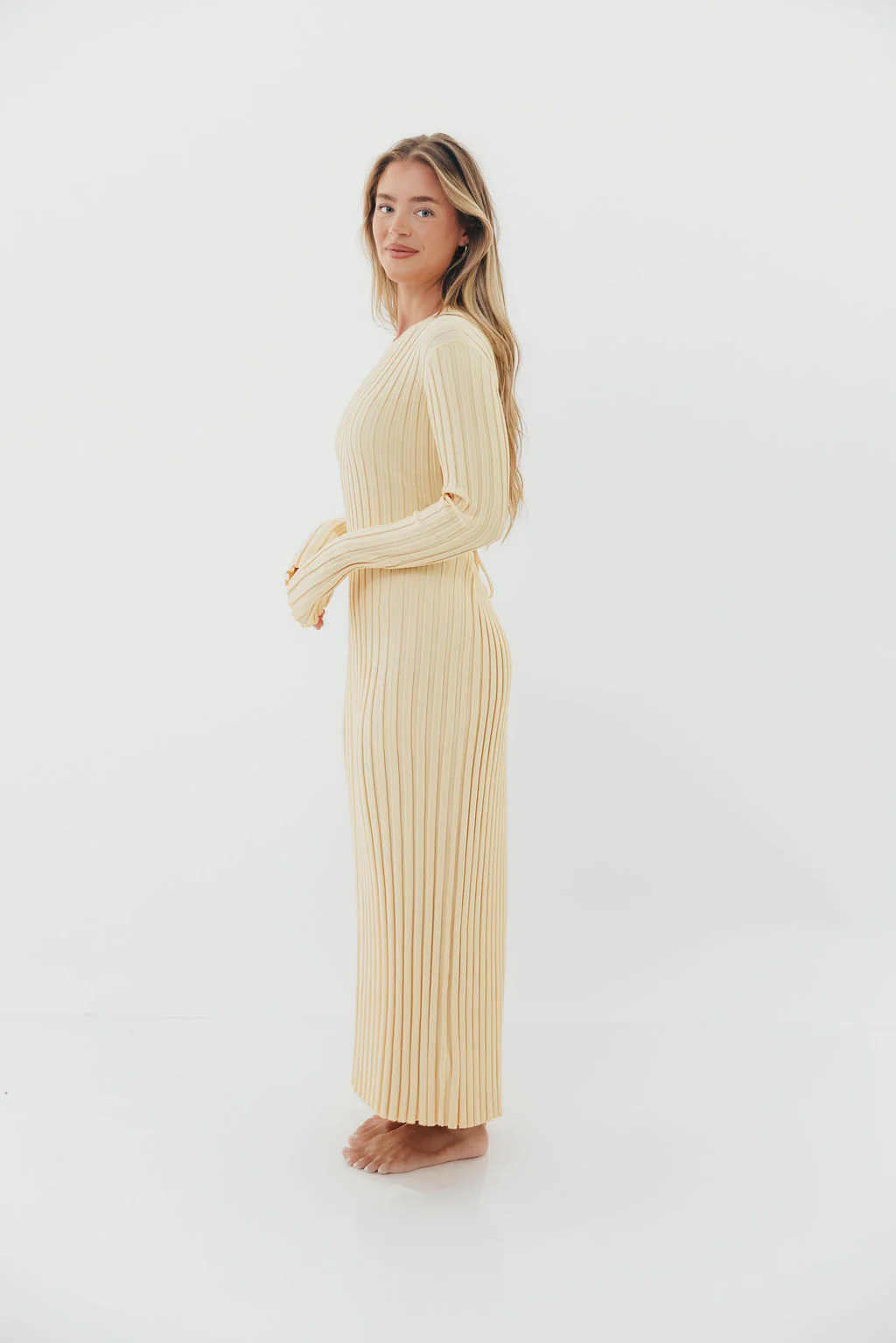 Colette Premium Long Sleeved Ribbed Knit Maxi Dress in Butter Yellow - Bump Friendly *Final-Sale* - Image 3