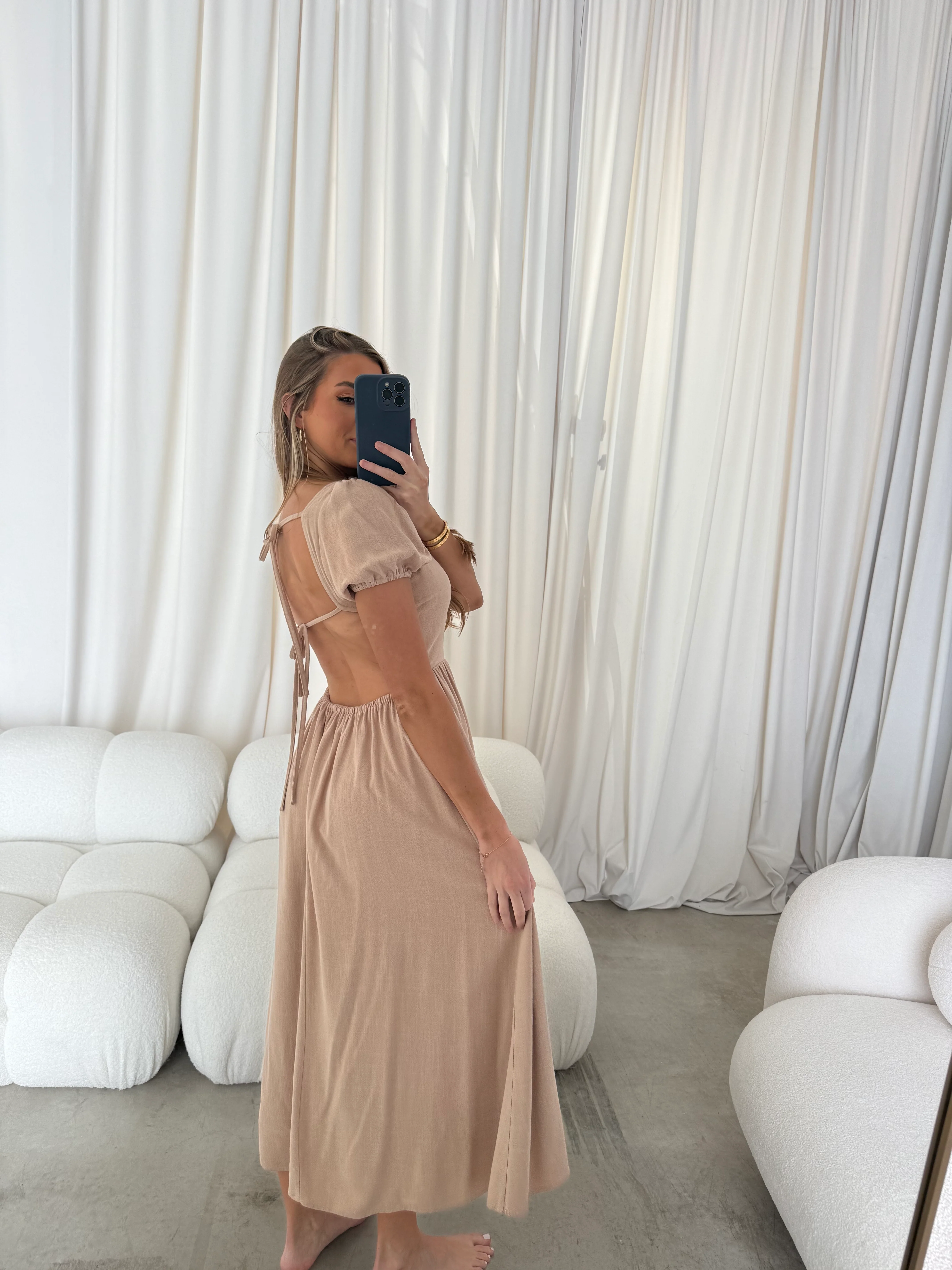 August Open Back Midi Dress in Taupe - Bump Friendly - Image 10