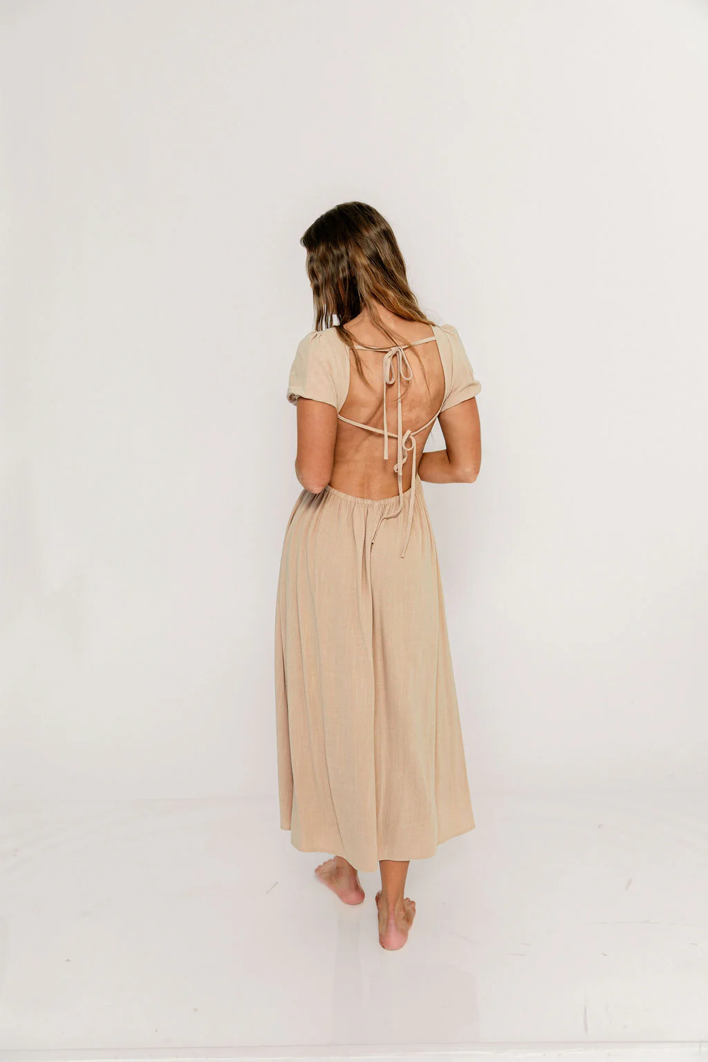 August Open Back Midi Dress in Taupe - Bump Friendly - Image 2