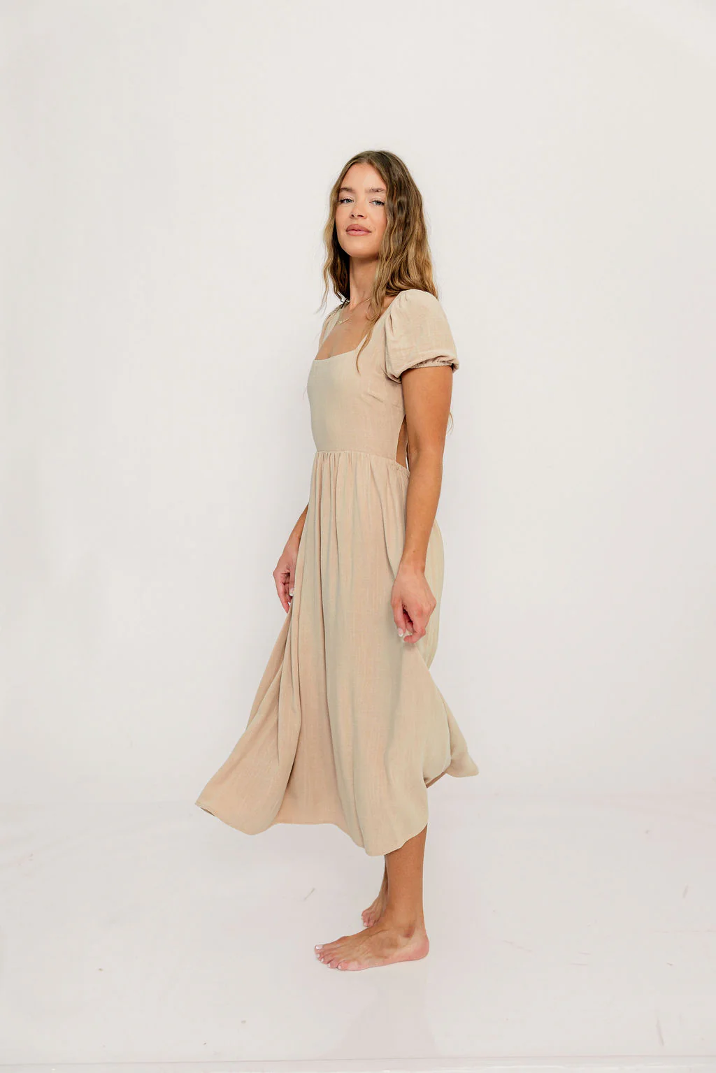 August Open Back Midi Dress in Taupe - Bump Friendly - Image 3