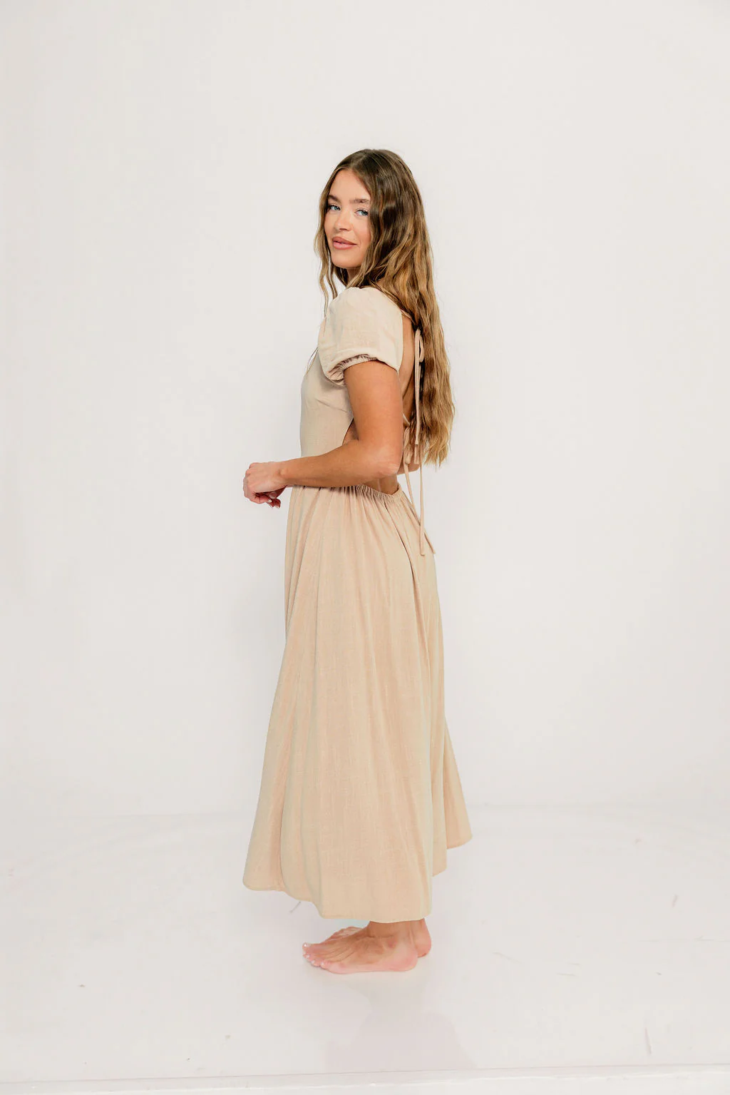 August Open Back Midi Dress in Taupe - Bump Friendly - Image 4