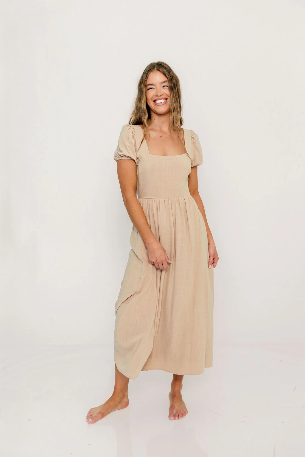 August Open Back Midi Dress in Taupe - Bump Friendly - Image 5