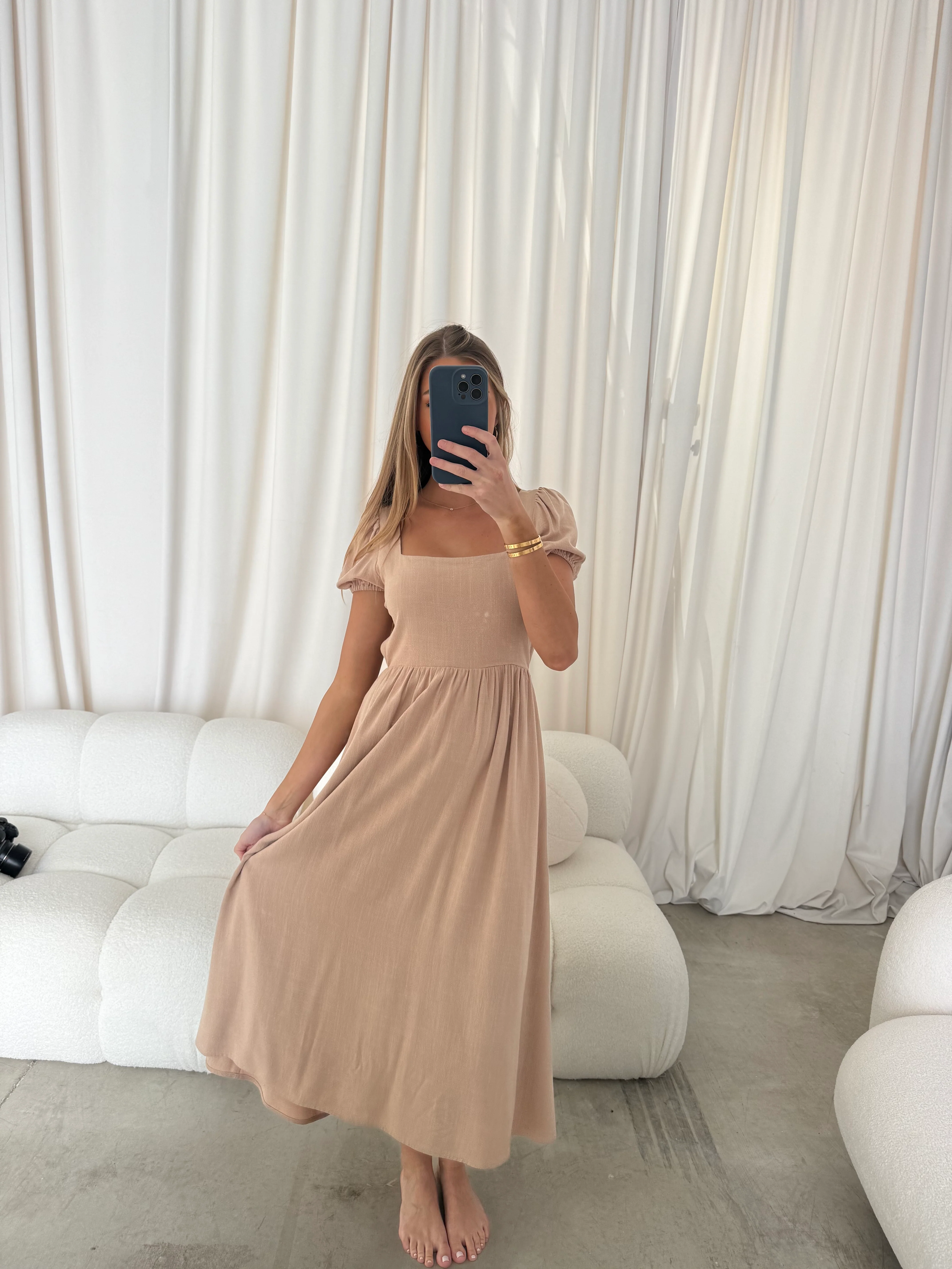 August Open Back Midi Dress in Taupe - Bump Friendly - Image 8