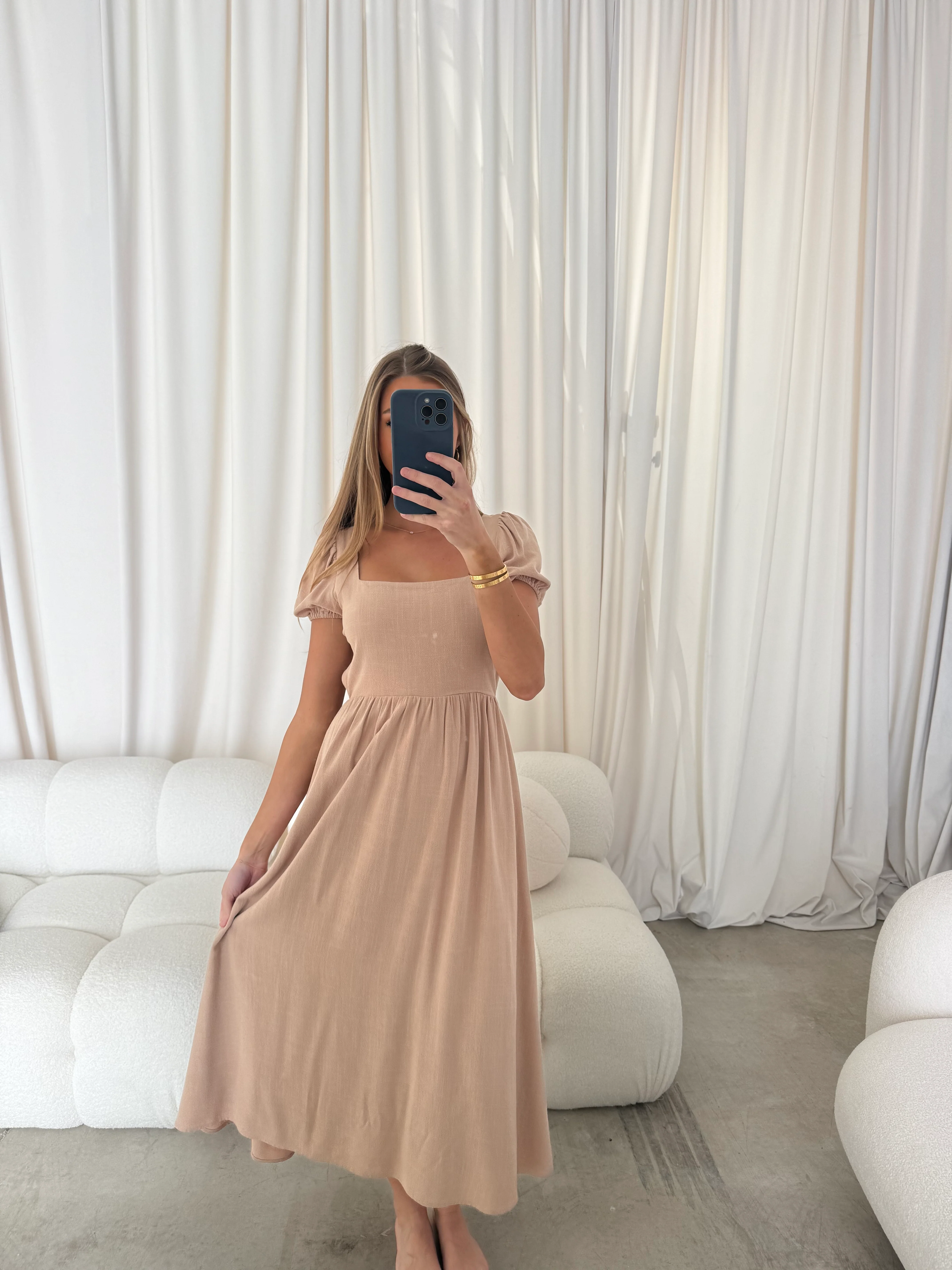 August Open Back Midi Dress in Taupe - Bump Friendly - Image 9
