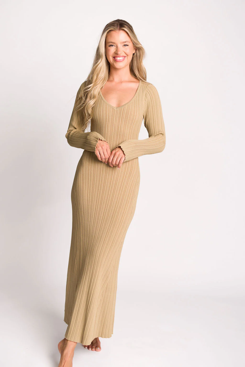 Keaton Knit Maxi Dress with V-Neckline in Beige *Final Sale* - Image 11