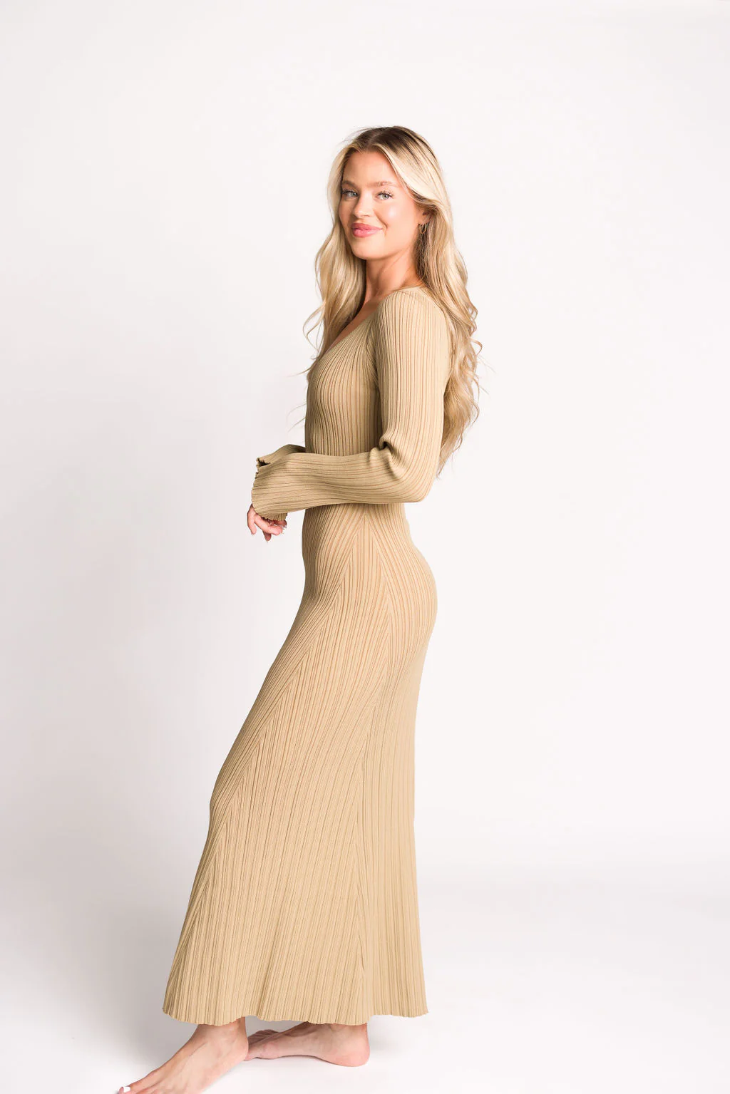 Keaton Knit Maxi Dress with V-Neckline in Beige *Final Sale* - Image 12