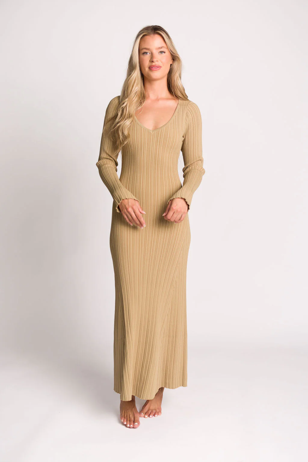 Keaton Knit Maxi Dress with V-Neckline in Beige *Final Sale* - Image 13