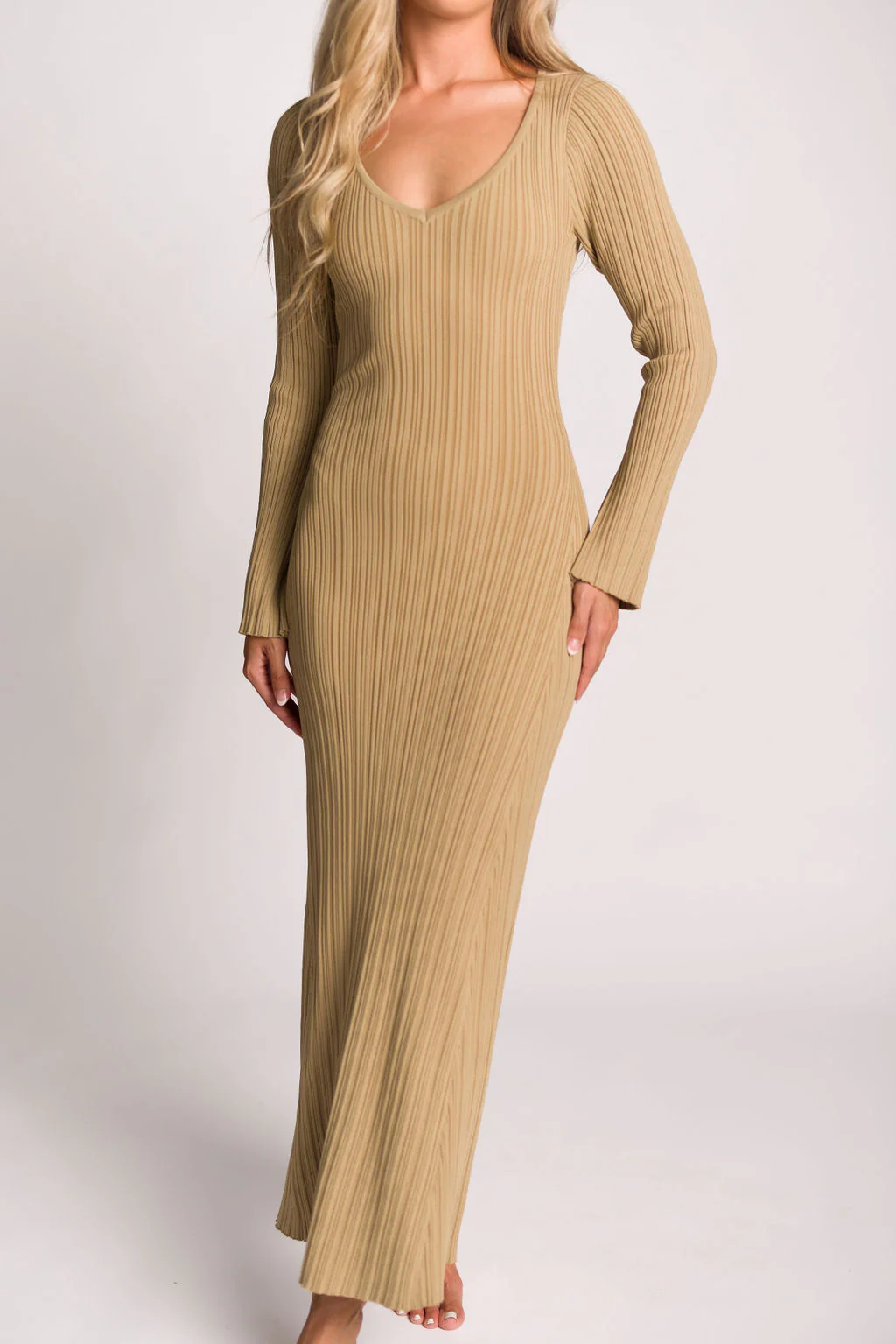 Keaton Knit Maxi Dress with V-Neckline in Beige *Final Sale* - Image 14
