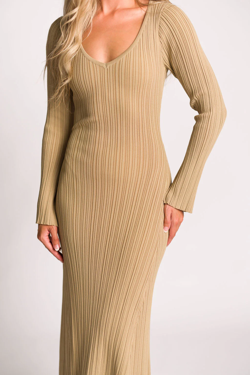 Keaton Knit Maxi Dress with V-Neckline in Beige *Final Sale* - Image 15