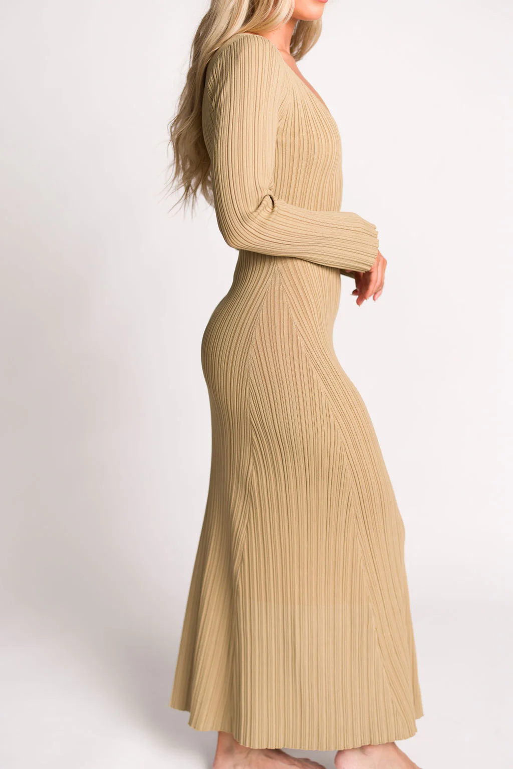 Keaton Knit Maxi Dress with V-Neckline in Beige *Final Sale* - Image 17