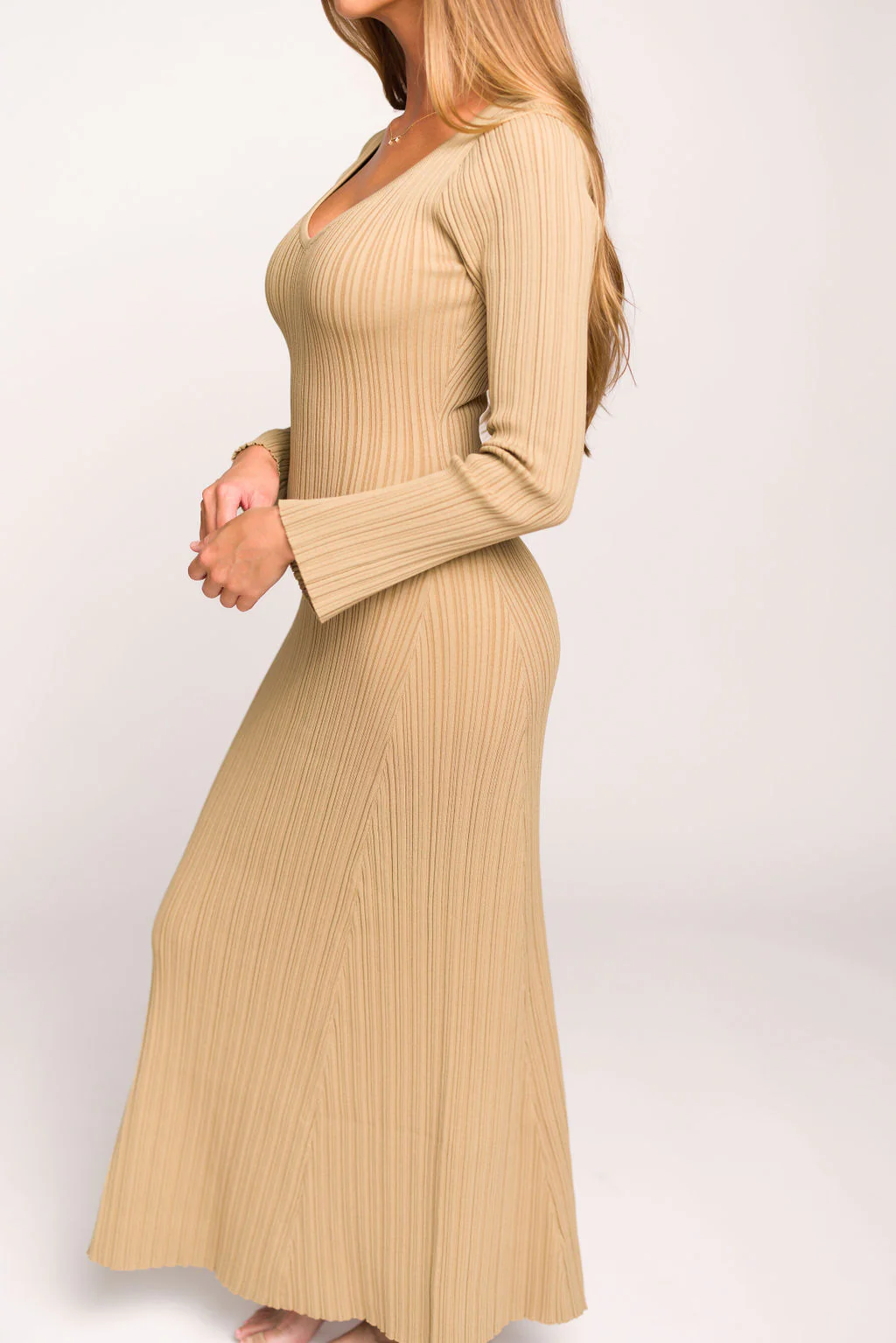 Keaton Knit Maxi Dress with V-Neckline in Beige *Final Sale* - Image 24