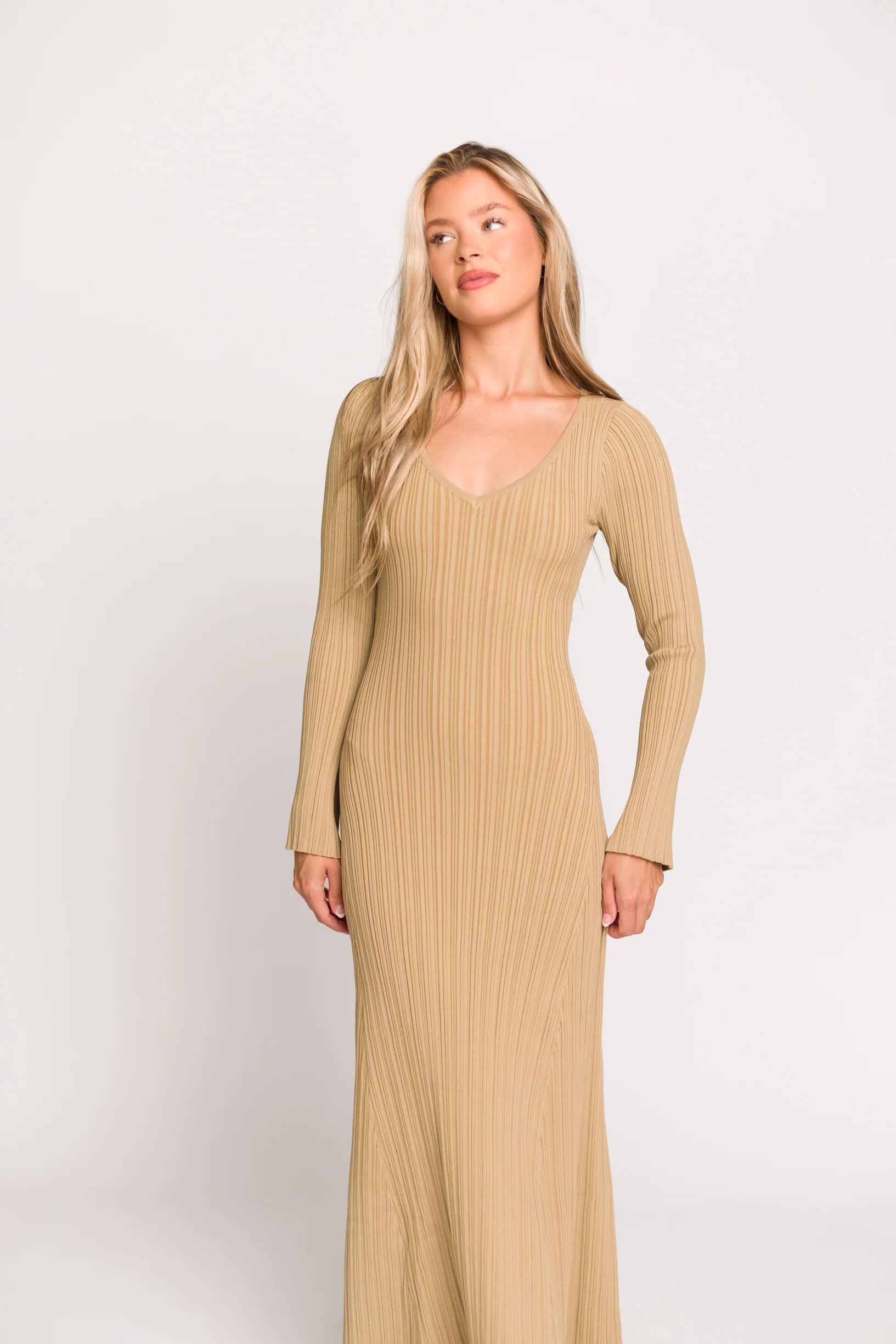 Keaton Knit Maxi Dress with V-Neckline in Beige *Final Sale* - Image 4