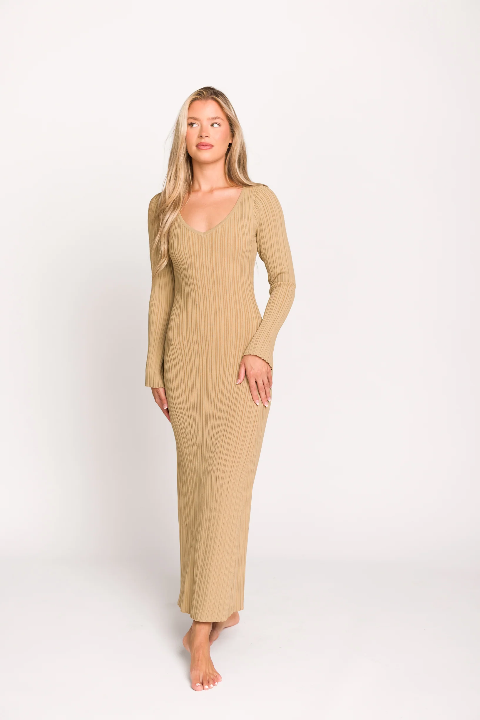 Keaton Knit Maxi Dress with V-Neckline in Beige *Final Sale* - Image 5