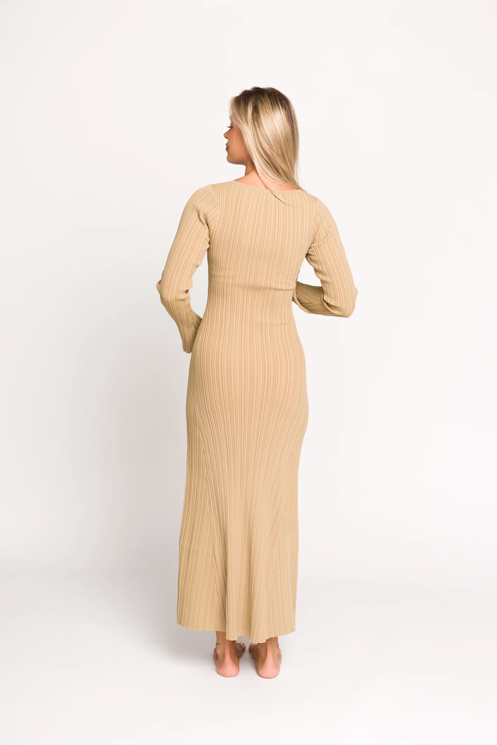 Keaton Knit Maxi Dress with V-Neckline in Beige *Final Sale* - Image 6