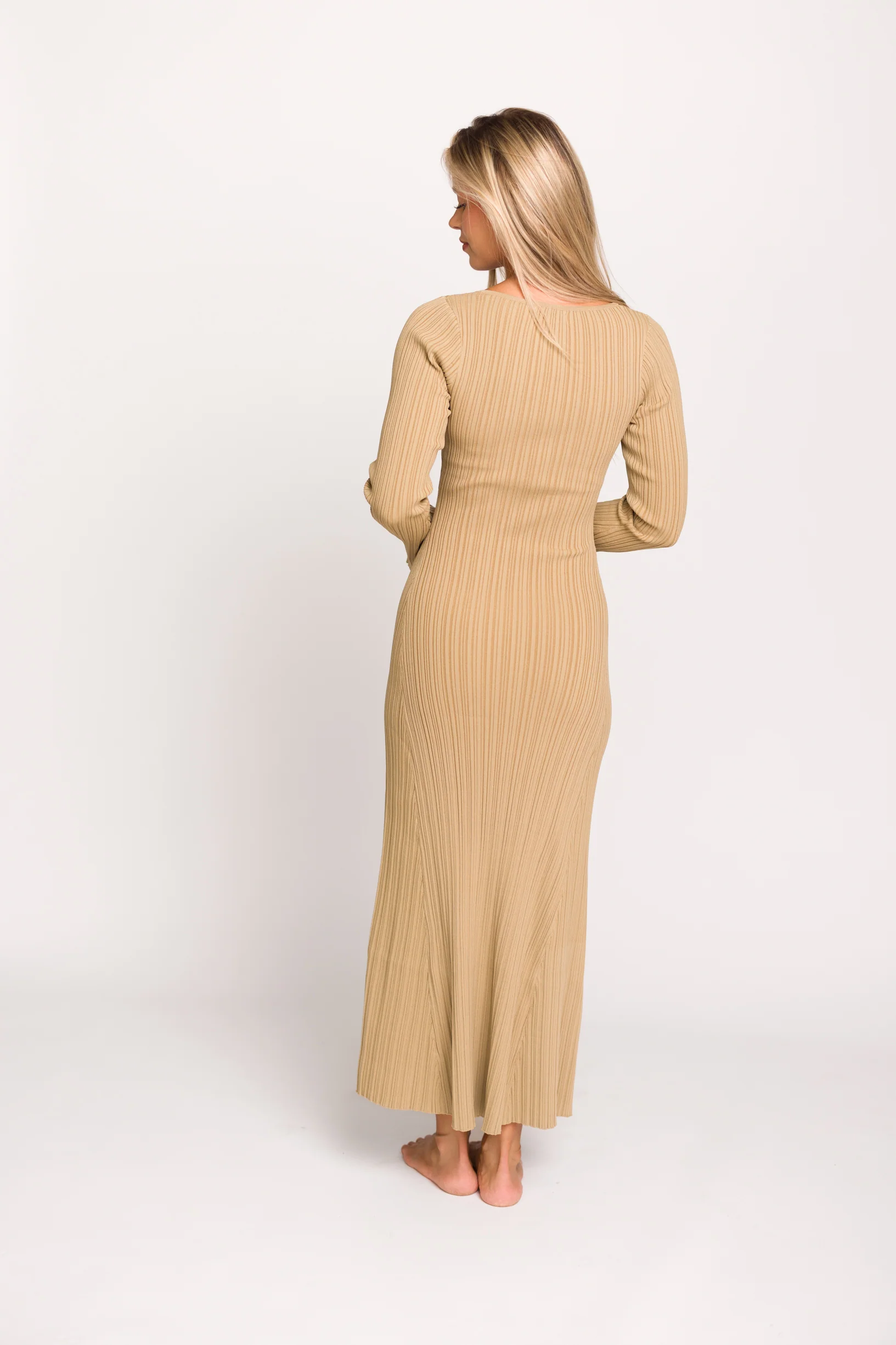 Keaton Knit Maxi Dress with V-Neckline in Beige *Final Sale* - Image 7