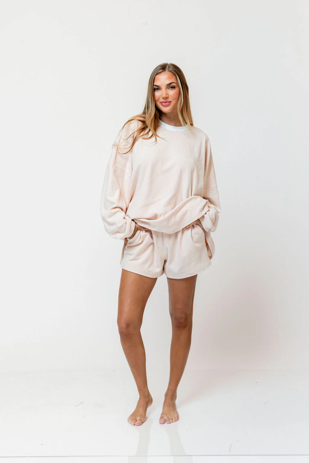 Naomi Striped Oversized Fleece Long Sleeve Top in Blush - Bump Friendly - Image 15