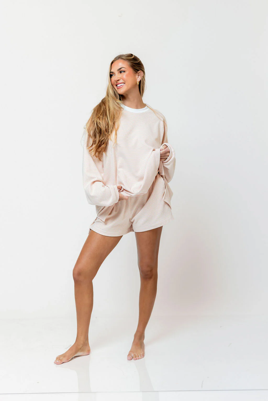 Naomi Striped Oversized Fleece Long Sleeve Top in Blush - Bump Friendly - Image 16