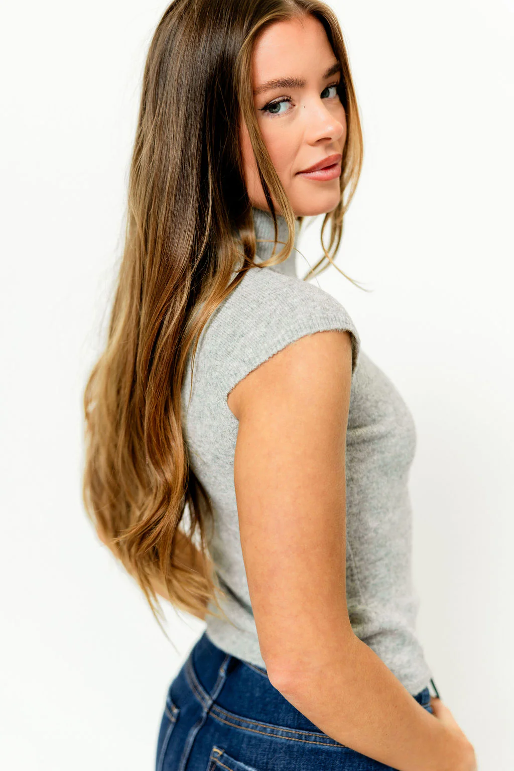 Danica Brushed Knit High Neck Cap Sleeve Top in Grey - Image 4