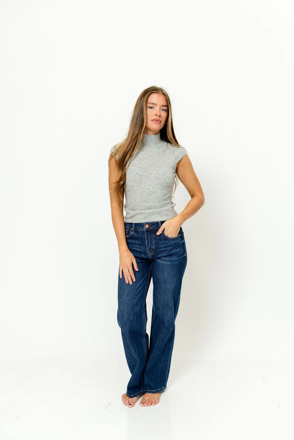 Danica Brushed Knit High Neck Cap Sleeve Top in Grey - Image 6