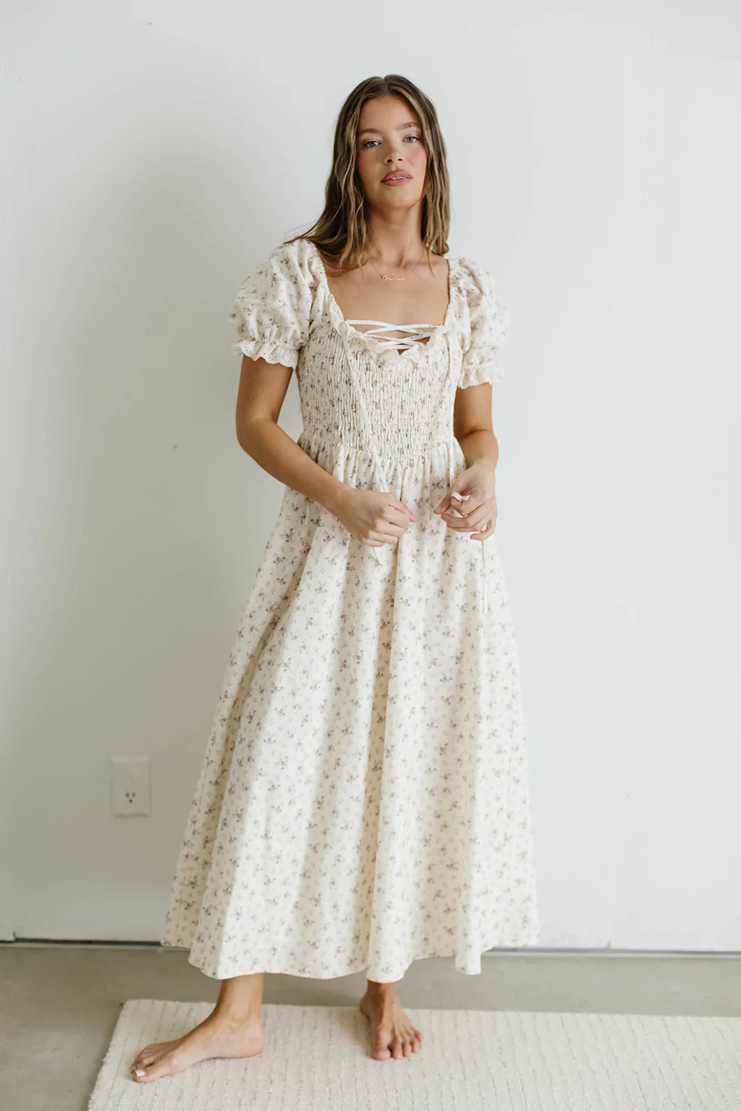 Danna Eyelet Trim Floral Midi Dress in Ivory
