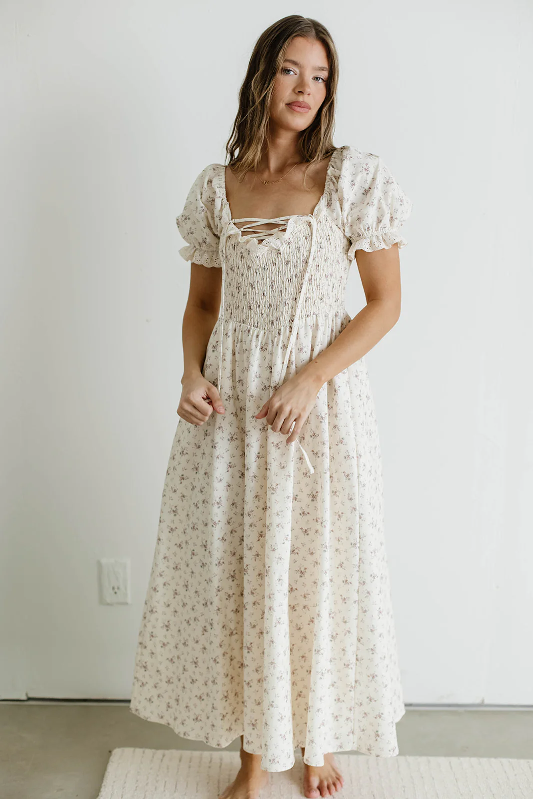 Danna Eyelet Trim Floral Midi Dress in Ivory - Image 2