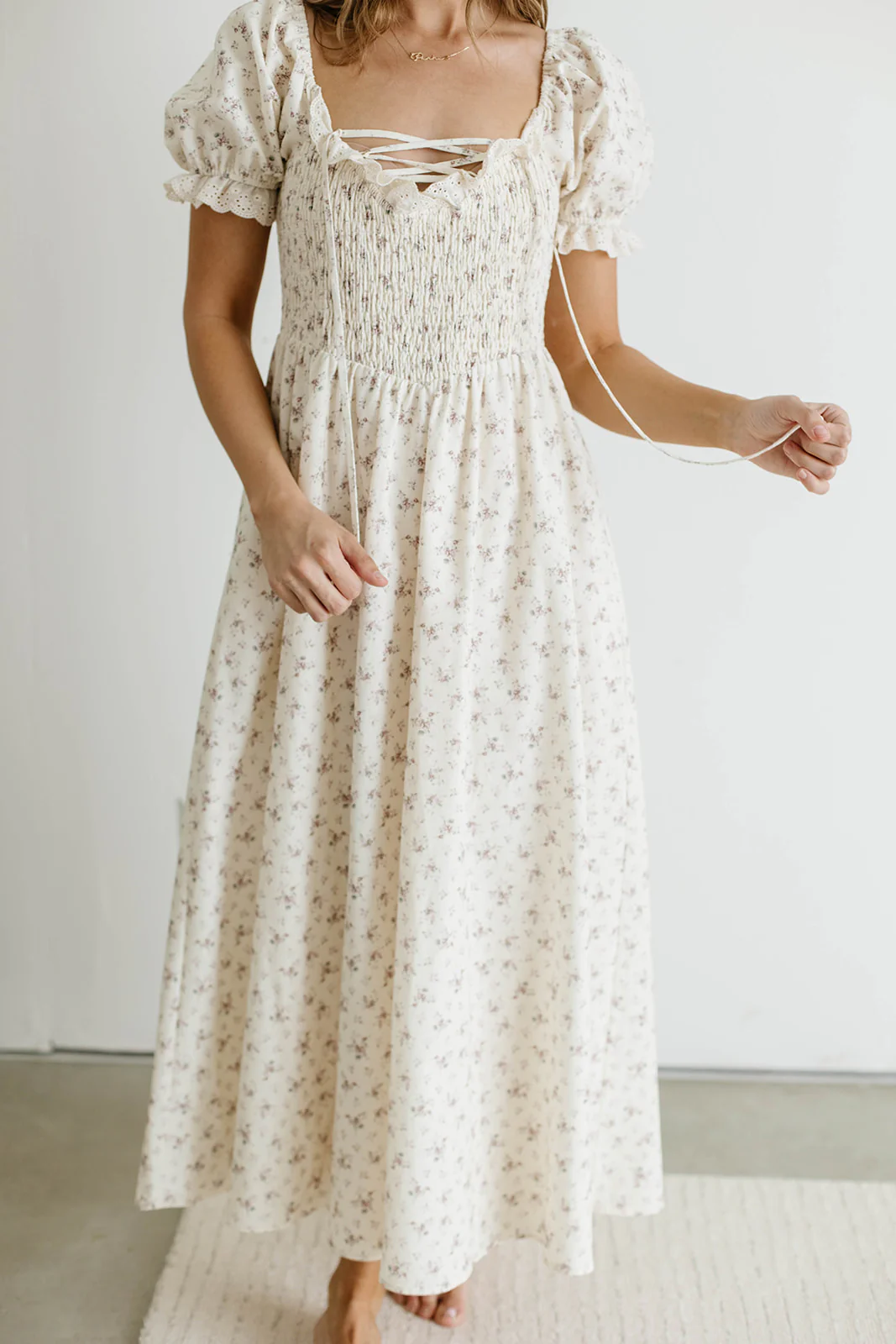 Danna Eyelet Trim Floral Midi Dress in Ivory - Image 4