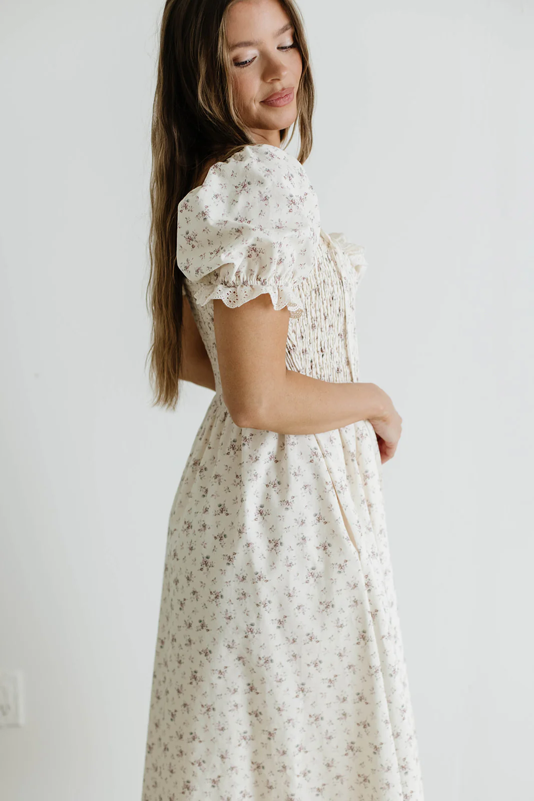 Danna Eyelet Trim Floral Midi Dress in Ivory - Image 5