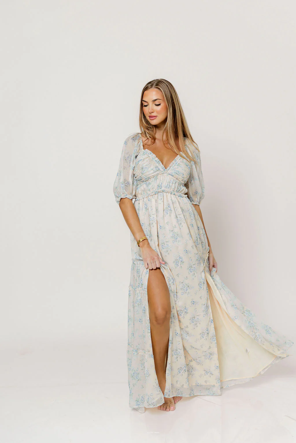 Daphne Maxi Dress in Peach/Blue Floral - Bump Friendly