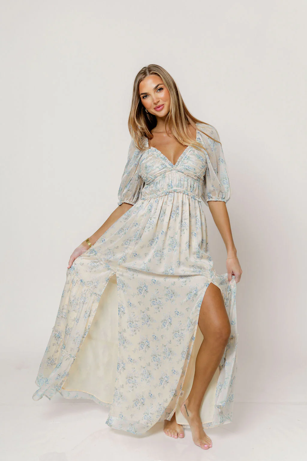 Daphne Maxi Dress in Peach/Blue Floral - Bump Friendly - Image 2
