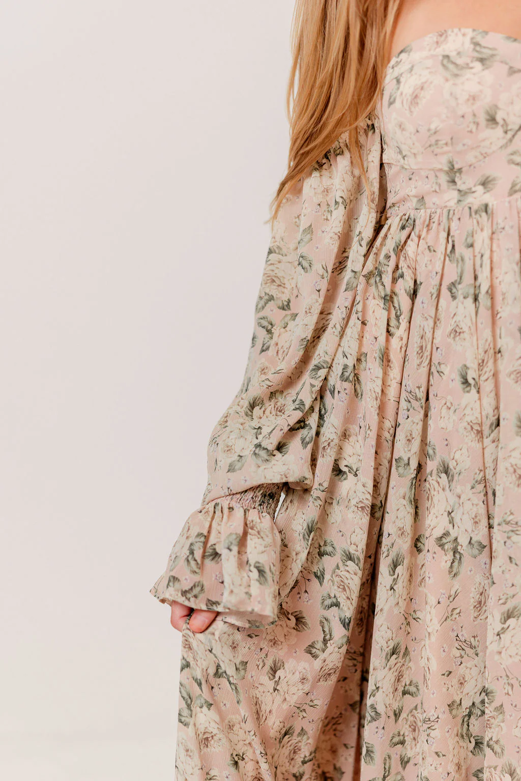 Delilah Floral Maxi Dress with Train in Blush/Grey - Bump Friendly - Image 10