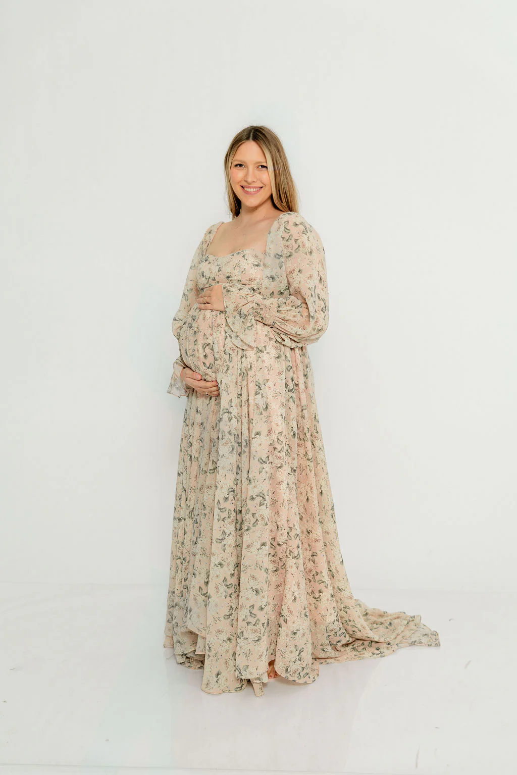 Delilah Floral Maxi Dress with Train in Blush/Grey - Bump Friendly - Image 12