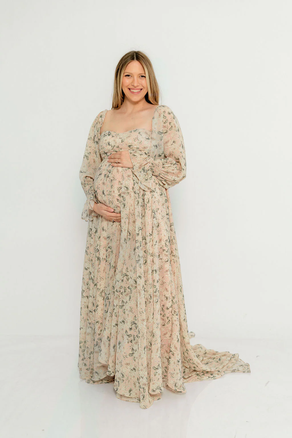 Delilah Floral Maxi Dress with Train in Blush/Grey - Bump Friendly - Image 13