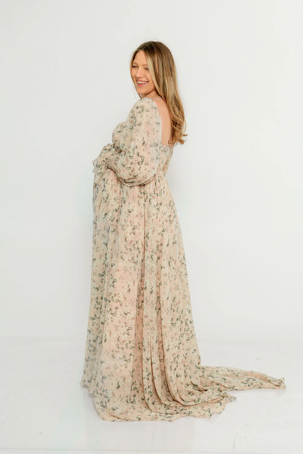 Delilah Floral Maxi Dress with Train in Blush/Grey - Bump Friendly - Image 14