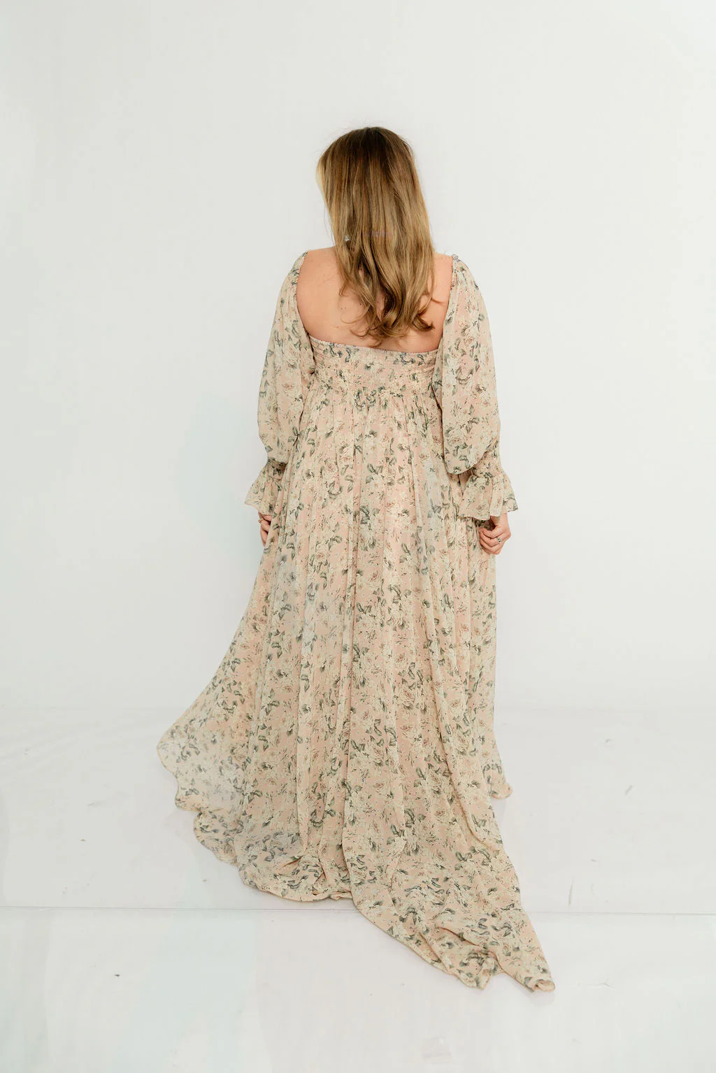 Delilah Floral Maxi Dress with Train in Blush/Grey - Bump Friendly - Image 15